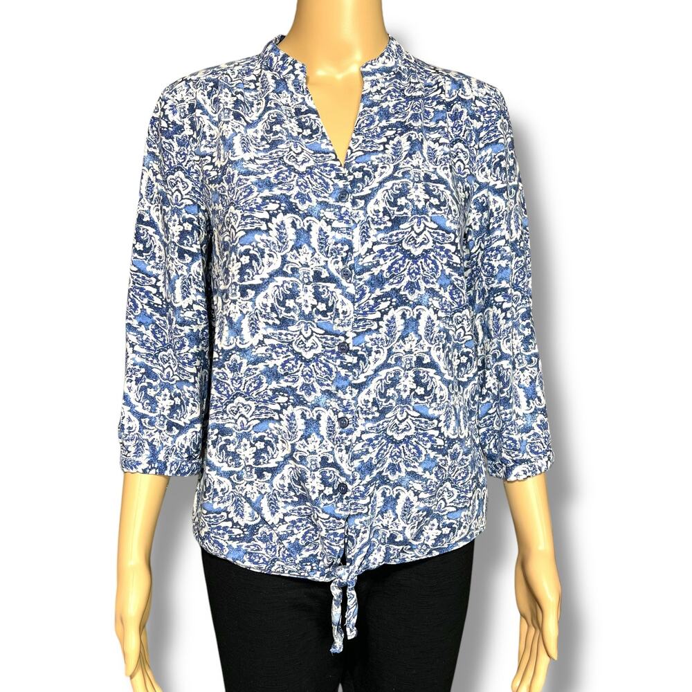 Cupio Womens Blouse Top Shirt Floral Print Button Down Tie Hem Blue White Medium